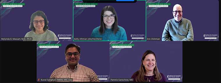 Zoom screenshot of panelists from virtual seminar smiling at the camera