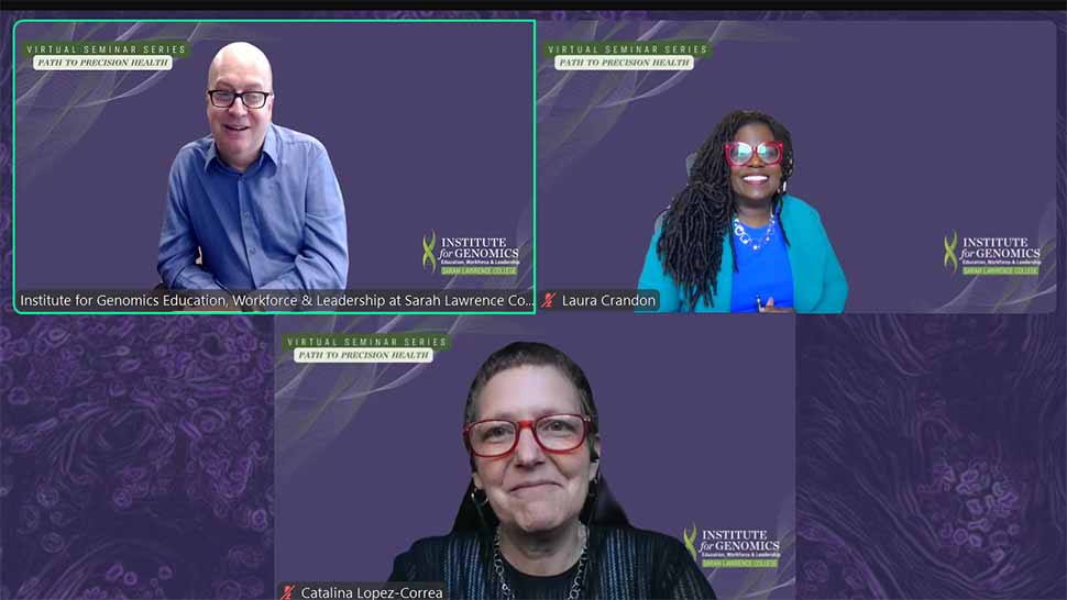 Snapshot from Zoom webinar with each of the three panelists smiling at the camera