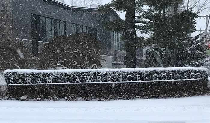 Sarah Lawrence College sign in the snow